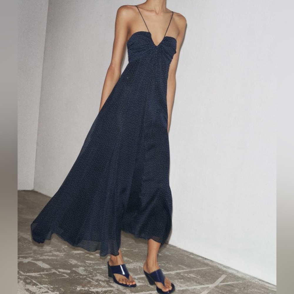 ZARA ZW Collection Polka Dot Navy Maxi Dress NWT XS
